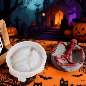 DIY Halloween skeleton ashtray resin silicone mold with finished display and pumpkin decor