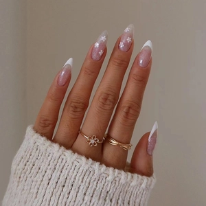 Almond Press On Nails Pink Glitter French White Flower Pattern False Nails Sweet Style For Women