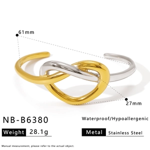 Detail view of two-tone stainless steel knot bracelet with size and weight dimensions