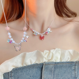 Sweet colorful resin butterfly and pearl necklace for women with star bead accents