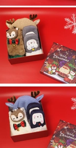 Christmas gift box showing deer antler knit hats, plush toys and cartoon gloves