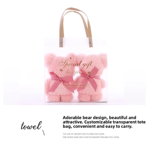 Macro detail of coral fleece bear towel gift set in transparent PVC packaging