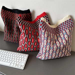 Knitted Shoulder Bag Large Capacity Tote Bag Geometric Diamond Grid Pattern Retro Casual Handbag For Women Commute