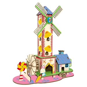 3D wooden puzzle windmill cottage toy for kids DIY assembly with colorful patterns