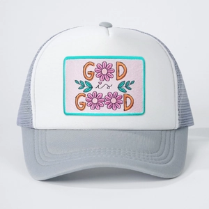 God is Good embroidered white and grey trucker hat with pink floral patch design