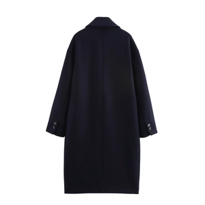Rear view of long dark blue wool coat with lapel collar and buttoned cuffs details