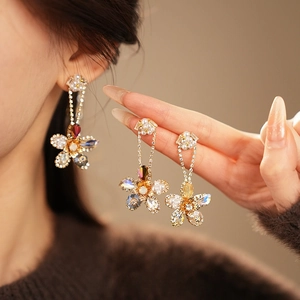 Flower Drop Earrings With Zircon Rhinestone Artificial Pearl Copper And Silver Earring Post Vintage Ethnic Style Women