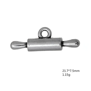 Detailed view of silver rolling pin alloy charm showing 21.7x7.5mm dimensions
