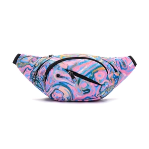 Waterproof sports waist bag with colorful abstract pattern and built-in earphone hole