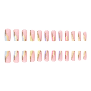 Set of 24 pieces medium coffin press-on nails with pink marble and gold foil design