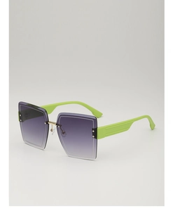 Detail of oversized frameless sunglasses with green temples and purple gradient lenses