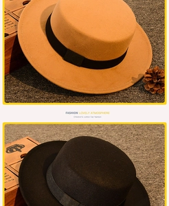 Flat top children's wool felt hats in khaki and black with decorative grosgrain ribbon