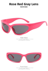 Front and 45-degree angle view of bright pink Y2K futuristic sporty sunglasses