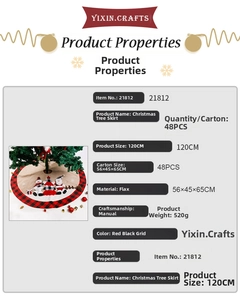 Detail view of 120cm flax Christmas tree skirt with red black grid and Santa patterns