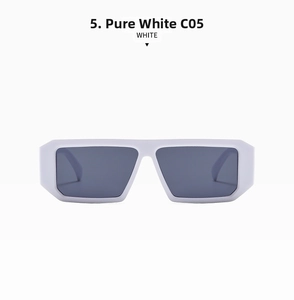 Detail view of thick white rectangular sunglasses frame with dark grey lenses