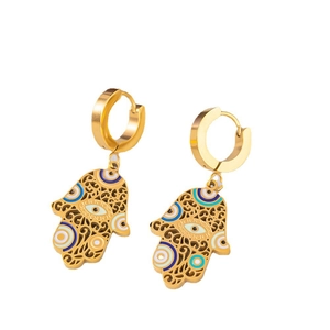 Golden Hamsa Hand earrings with enamel evil eye detail on polished stainless steel