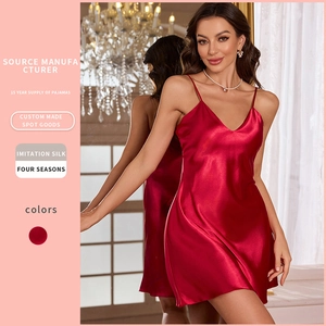 Women Sexy Satin Nightgown Imitation Satin V Neck Spaghetti Strap Backless Sleepwear Chemise Lounge Slip Dress
