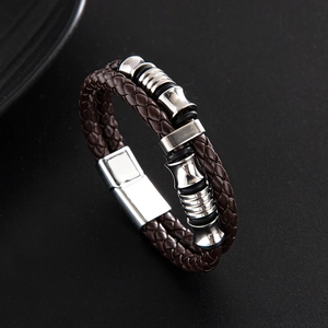 Vintage dark brown braided leather bracelet with stainless steel magnetic clasp for men