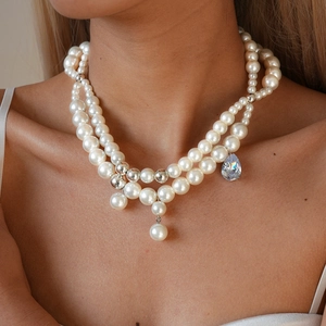 Layered Artificial Pearl Pendant Necklace Copper With Zircon Water Drop Beaded Elegant French Chic Jewelry For Women
