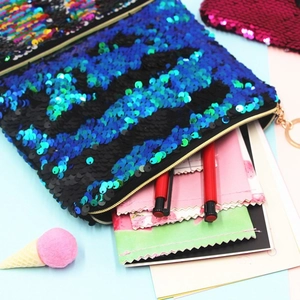 Blauwe en zwarte omkeerbare pailletten make-uptas met rits voor reisaccessoires