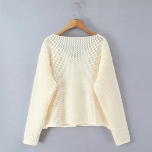 Dettaglio di cardigan a maglia grossa con motivi a rete traforata e bottoni in metallo