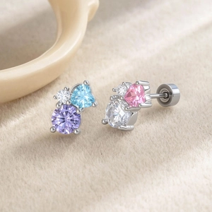 Exquisite geometric heart zircon stud earrings in silver with colorful gemstones