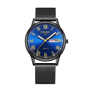 Macro shot of blue sunray dial watch with gold indices and black Milanese mesh strap
