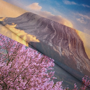 Detailed view of bohemian Mount Fuji tapestry with digital cherry blossom printing