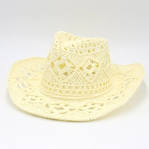 Beige hand-woven cowboy straw hat featuring breathable hollow patterns and curved brim