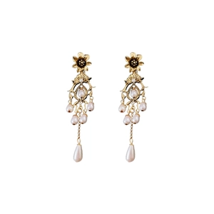 Vintage gold flower earrings with pearl tassels and water drop pendant on white background