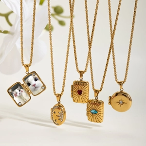 18K gold plated stainless steel square locket necklaces with vintage gemstone pendants