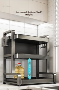 Detail of gun grey metal kitchen rack showing 32cm height space for large oil bottles