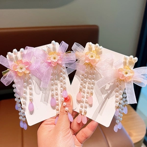 Fermagli per capelli con fiocchi rosa e viola, fiori e nappe di perle per bambine