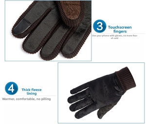 Detail of touchscreen finger tips and thick warm fleece lining on winter gloves