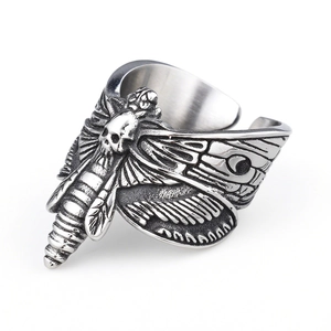Gothic skull moth ring in vintage silver stainless steel with adjustable open band