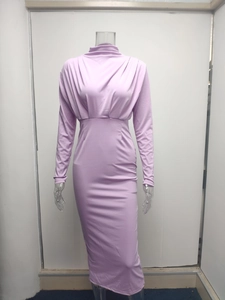 Detail of lavender high neck dress with long sleeves and elegant chest pleats texture