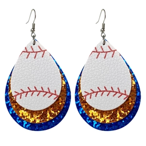 Three-layer baseball themed teardrop earrings with white leather and glitter accents