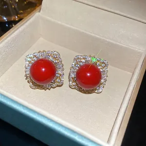 Elegant geometric square stud earrings with red pearl and sparkling white zircon accents