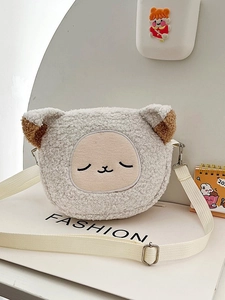 Cute lamb wool crossbody bag with cartoon face embroidery and brown ears on display