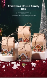 Detail of Christmas house-shaped candy boxes made of kraft paper with rustic hemp rope ties
