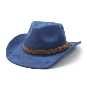 Detail of navy blue felt cowboy hat with brown leather band and metallic buckle detail