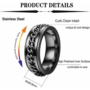 Dettaglio anello in acciaio nero 8mm con catena cubana rotante antistress