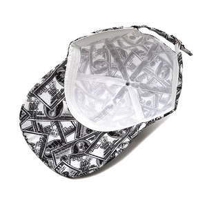 Baseball cap with black and white dollar bill print and adjustable strap on white background