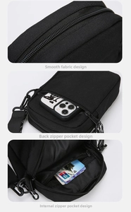 Detailed views of oxford crossbody bag zippers, back hidden pocket, and inner compartment
