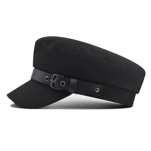 Classic black cotton military cap featuring a decorative leather strap and metal buckle