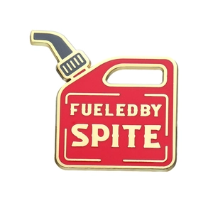 Creative red gas can enamel pin with Fueled by Spite text in polished gold finish