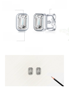 Close-up of S925 sterling silver studs with emerald cut zircon and hallmark detail
