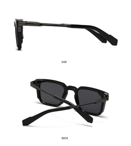 Side and back view of square sunglasses with black frame and charcoal metal temples