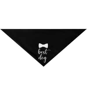 Detail of black pet bandana with white bow tie print and artistic best dog text