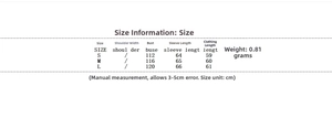 Detailed size chart for women's double-breasted winter coat including chest and length